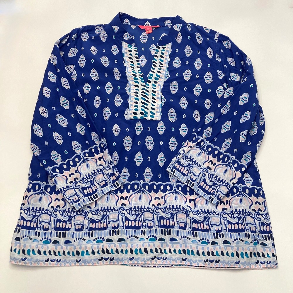 Lilly Pulitzer Silk Cotton Blend Asani Tunic Top Lapis Lazuli Glow Up Womens XL
